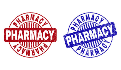 Grunge PHARMACY round stamp seals isolated on a white background. Round seals with grunge texture in red and blue colors. Vector rubber imprint of PHARMACY title inside circle form with stripes.