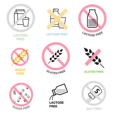 Fototapeta premium Lactose free, gluten, wheat, sugar and salt free icons. A set of icons ready to use in your design. Vector icons can be used on different backgrounds. EPS10.