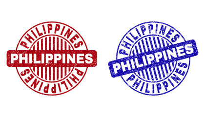 Grunge PHILIPPINES round stamp seals isolated on a white background. Round seals with grunge texture in red and blue colors. Vector rubber imitation of PHILIPPINES tag inside circle form with stripes.