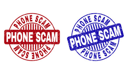 Grunge PHONE SCAM round stamp seals isolated on a white background. Round seals with grunge texture in red and blue colors. Vector rubber imitation of PHONE SCAM tag inside circle form with stripes.