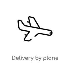 outline delivery by plane vector icon. isolated black simple line element illustration from delivery and logistics concept. editable vector stroke delivery by plane icon on white background