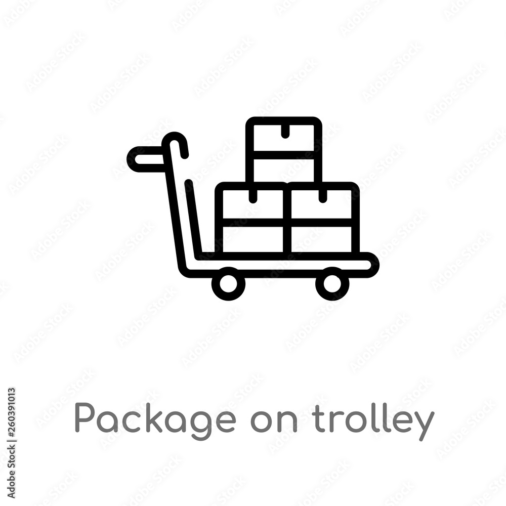 Poster outline package on trolley vector icon. isolated black simple line element illustration from deliver