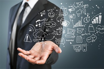 Businessman and internet and virtual reality concept - businessman pressing button on virtual...