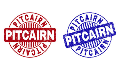 Grunge PITCAIRN round stamps isolated on a white background. Round seals with grunge texture in red and blue colors. Vector rubber imprint of PITCAIRN text inside circle form with stripes.