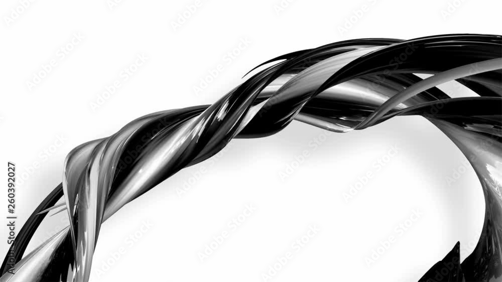 Poster 3d looped animation of abstract black-white ribbons twisting and move around with glitter in the lig