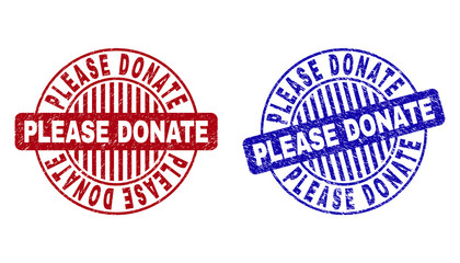 Grunge PLEASE DONATE round stamp seals isolated on a white background. Round seals with grunge texture in red and blue colors.