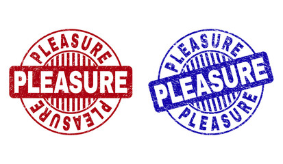 Grunge PLEASURE round stamp seals isolated on a white background. Round seals with grunge texture in red and blue colors. Vector rubber imprint of PLEASURE title inside circle form with stripes.