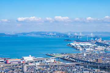 Cityscape of utazu town and Seto ohashi bridge in the seto inland sea ,Shikoku,Japan