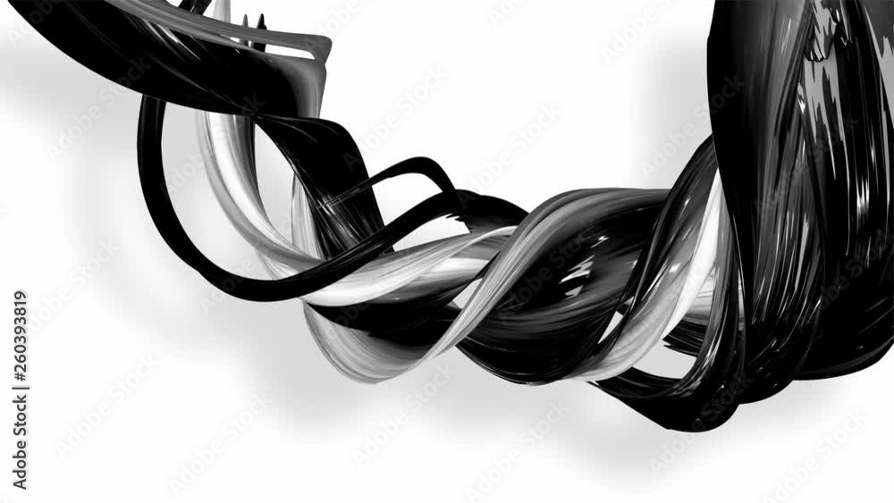 Poster 3d looped animation of abstract black-white ribbons twisting and move around with glitter in the lig