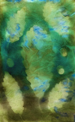 Abstract hand painted fabric brown green  background with leaves