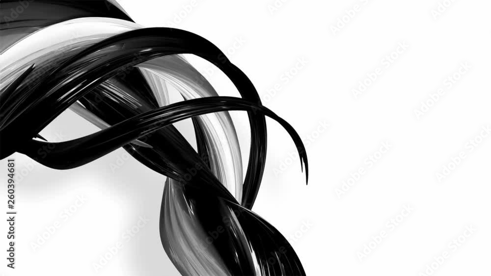 Poster 3d looped animation of abstract black-white ribbons twisting and move around with glitter in the lig