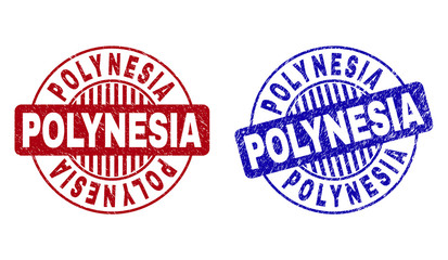 Grunge POLYNESIA round stamp seals isolated on a white background. Round seals with grunge texture in red and blue colors. Vector rubber imprint of POLYNESIA title inside circle form with stripes.