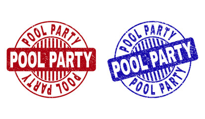 Grunge POOL PARTY round stamp seals isolated on a white background. Round seals with grunge texture in red and blue colors. Vector rubber overlay of POOL PARTY caption inside circle form with stripes.