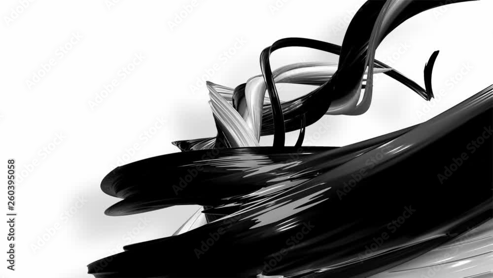 Poster 3d looped animation of abstract black-white ribbons twisting and move around with glitter in the lig