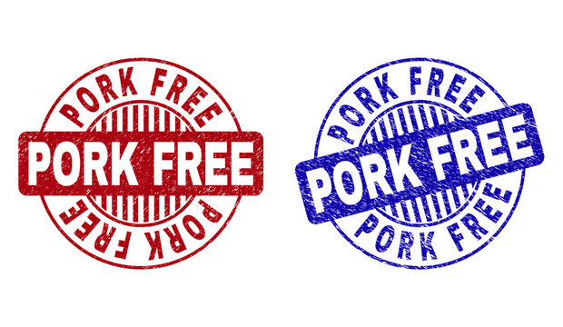 Grunge PORK FREE round stamp seals isolated on a white background. Round seals with grunge texture in red and blue colors. Vector rubber overlay of PORK FREE text inside circle form with stripes.