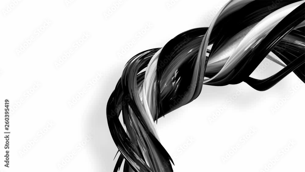 Poster 3d looped animation of abstract black-white ribbons twisting and move around with glitter in the lig