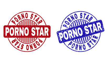 Grunge PORNO STAR round stamp seals isolated on a white background. Round seals with distress texture in red and blue colors.