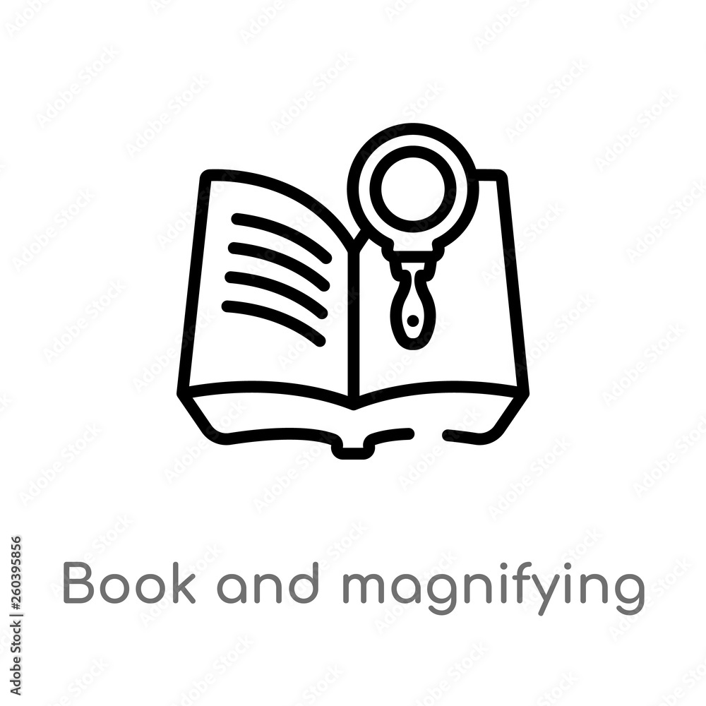 Poster outline book and magnifying vector icon. isolated black simple line element illustration from educat