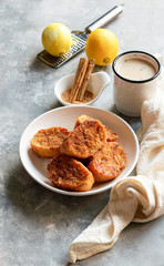 Traditional homemade Spanish torrijas grey stone background. copyspace. Easter dessert