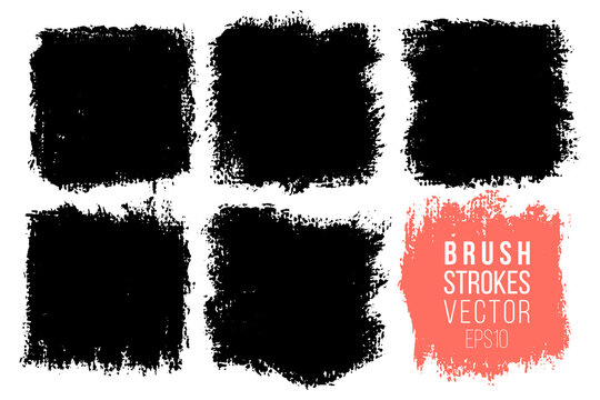 Vector set of big hand drawn brush strokes, stains for backdrops. Monochrome design elements set. One color monochrome artistic hand drawn backgrounds square shapes.