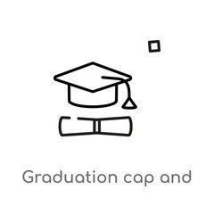 outline graduation cap and diploma vector icon. isolated black simple line element illustration from education concept. editable vector stroke graduation cap and diploma icon on white background