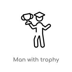 outline man with trophy vector icon. isolated black simple line element illustration from education concept. editable vector stroke man with trophy icon on white background