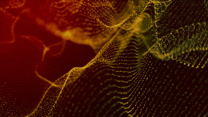 Digital particles floating wave form in the abyss abstract cyber technology de-focus background.