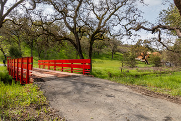 A new red bridge on a narrow road is built over a creek. A road leads up to the bridge. Bare trees, a pasture and a building under construction is in the distance. A cloudy sky is above. Horizontal - Powered by Adobe