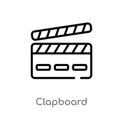 outline clapboard vector icon. isolated black simple line element illustration from entertainment and arcade concept. editable vector stroke clapboard icon on white background