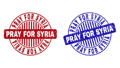 Grunge PRAY FOR SYRIA round stamp seals isolated on a white background. Round seals with grunge texture in red and blue colors.