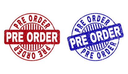 Grunge PRE ORDER round stamp seals isolated on a white background. Round seals with grunge texture in red and blue colors. Vector rubber imprint of PRE ORDER text inside circle form with stripes.