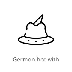 outline german hat with small feather vector icon. isolated black simple line element illustration from fashion concept. editable vector stroke german hat with small feather icon on white background