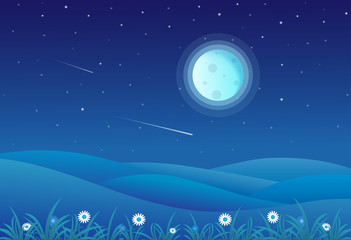 Vector illustration of night time hills landscape with Full moon and a Starry sky