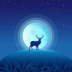 Deer on night with full moon. Vector illustration 