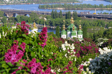 Spring view of Vydubychi Monastery and Dnipro river with pink and white lilac blossoming in botanical garden in Kyiv city, Ukraine. Picturesque classic view of the city