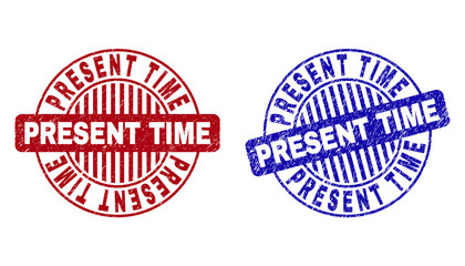 Grunge PRESENT TIME round stamp seals isolated on a white background. Round seals with grunge texture in red and blue colors.