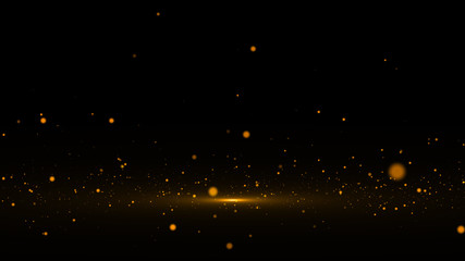 Gold bokeh defocused lights glitter powder splash background. Golden dust. Magic mist glowing. 