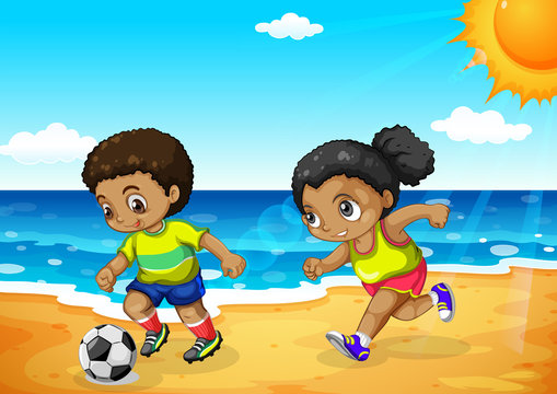 African boy and girl playing football