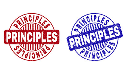 Grunge PRINCIPLES round stamp seals isolated on a white background. Round seals with grunge texture in red and blue colors. Vector rubber imprint of PRINCIPLES title inside circle form with stripes.