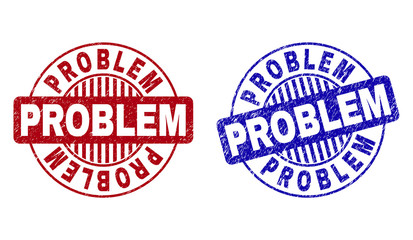 Grunge PROBLEM round stamp seals isolated on a white background. Round seals with grunge texture in red and blue colors. Vector rubber imprint of PROBLEM text inside circle form with stripes.