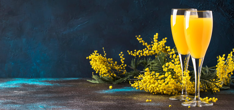 Classic alcohol cocktail mimosa with orange juice and cold dry champagne or sparkling wine in glasses, blue stone background with yellow flowers, copy space, spring mood, selective focus