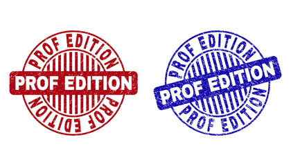 Grunge PROF EDITION round stamp seals isolated on a white background. Round seals with grunge texture in red and blue colors.