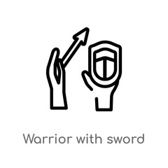 outline warrior with sword and shield vector icon. isolated black simple line element illustration from gestures concept. editable vector stroke warrior with sword and shield icon on white