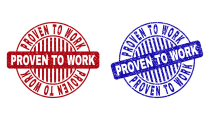 Grunge PROVEN TO WORK round stamp seals isolated on a white background. Round seals with grunge texture in red and blue colors.