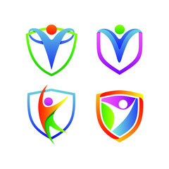 People And Shield Set Logo Vector