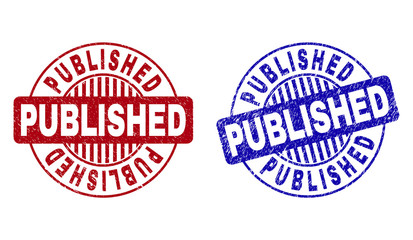 Grunge PUBLISHED round watermarks isolated on a white background. Round seals with grunge texture in red and blue colors. Vector rubber overlay of PUBLISHED text inside circle form with stripes.