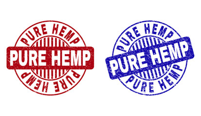 Grunge PURE HEMP round stamp seals isolated on a white background. Round seals with grunge texture in red and blue colors. Vector rubber overlay of PURE HEMP title inside circle form with stripes.