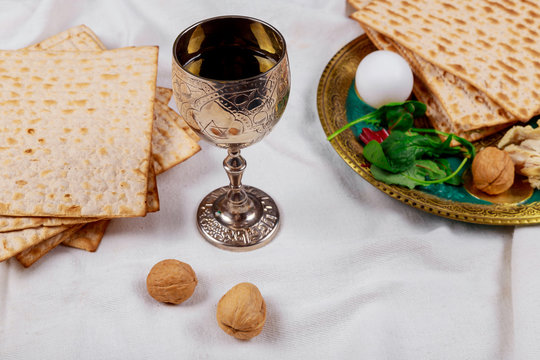 A Jewish Matzah bread with wine. Passover holiday concept