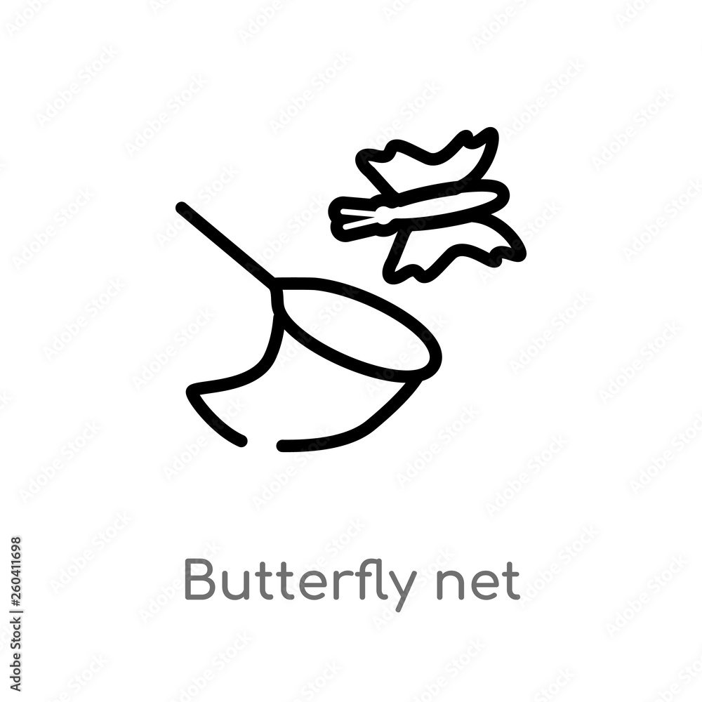 Poster outline butterfly net vector icon. isolated black simple line element illustration from kids and bab