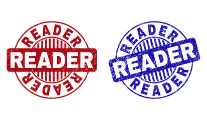 Grunge READER round stamp seals isolated on a white background. Round seals with distress texture in red and blue colors. Vector rubber imitation of READER caption inside circle form with stripes.